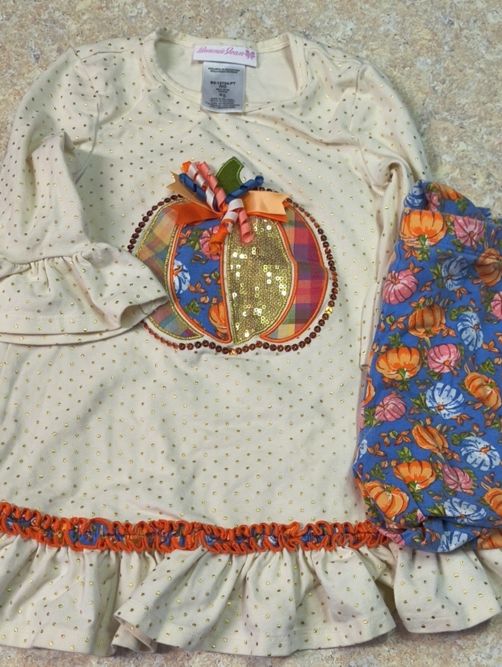 Bonnie Jean Cream & Blue Pumpkin Appliqué Dress with Floral Leggings Sz 5